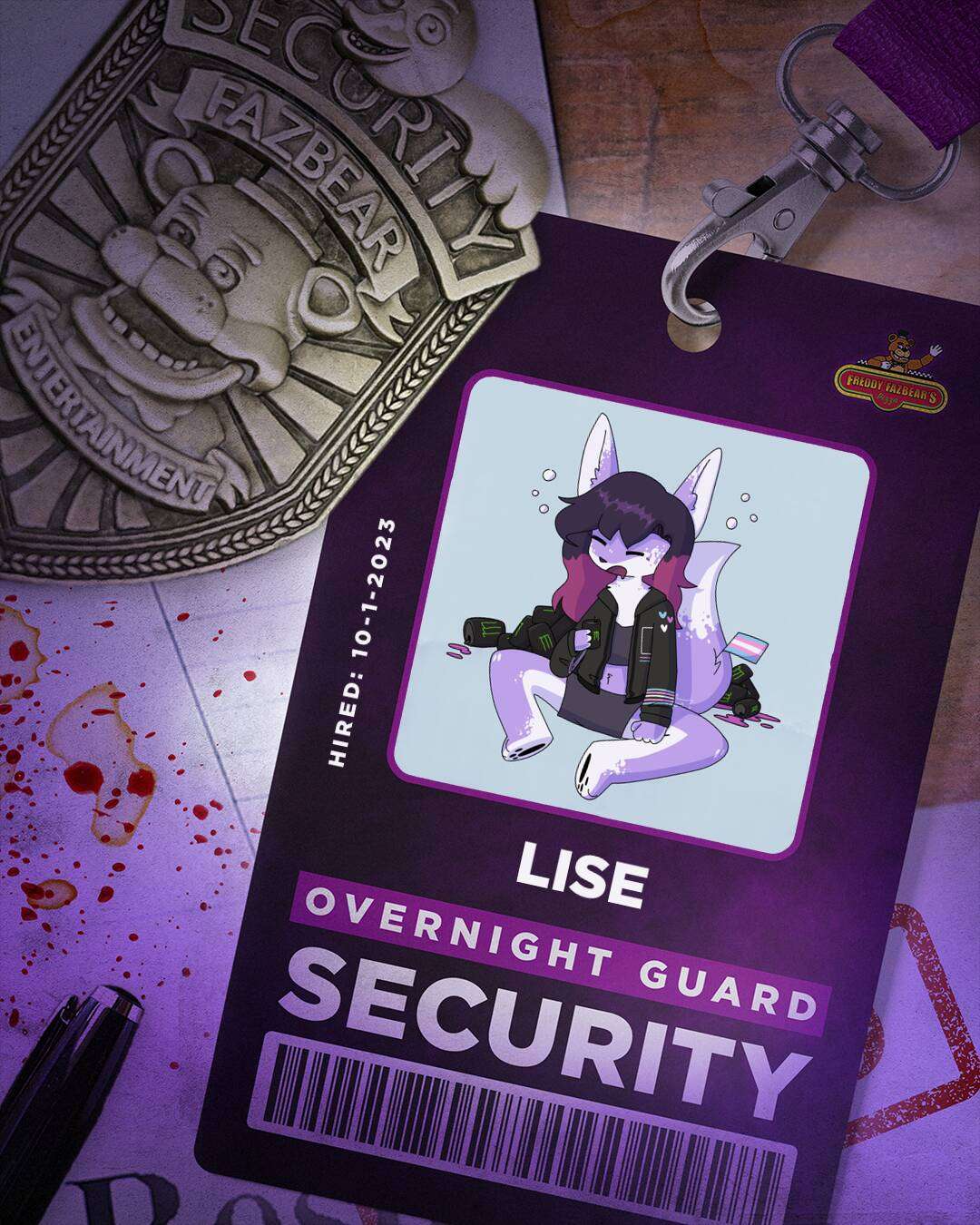an access badge on a lanyard, with the image of my fursona sitting on it. the badge says 'LISE. OVERNIGHT GUARD. SECUIRTY. Hired: 10-1-2023' on it. there is a barcode at the bottom. around the badge is a second badge, made of metal, resembling a police badge. however this one says 'Security: Fazbear Entertainment', featuring freddy fazbear in the center, and chica the chicken at the top. these are both on top of some various papers, with blood splattered on them, all on a wooden table